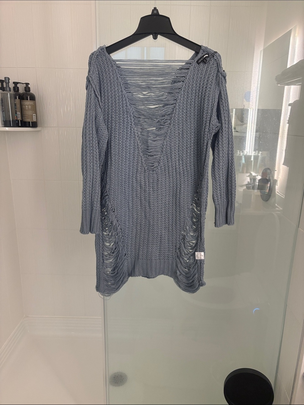 Fashion Nova Distressed V-Neck Chunky Knit Dress - Slate Blue